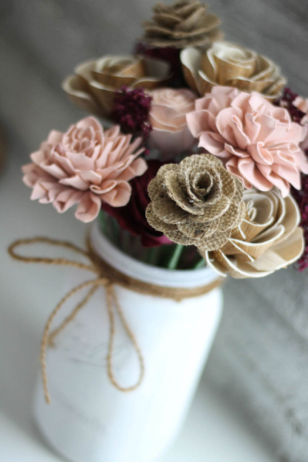 Farmhouse-Themed Burlap and Sola Wood Forever Flowers