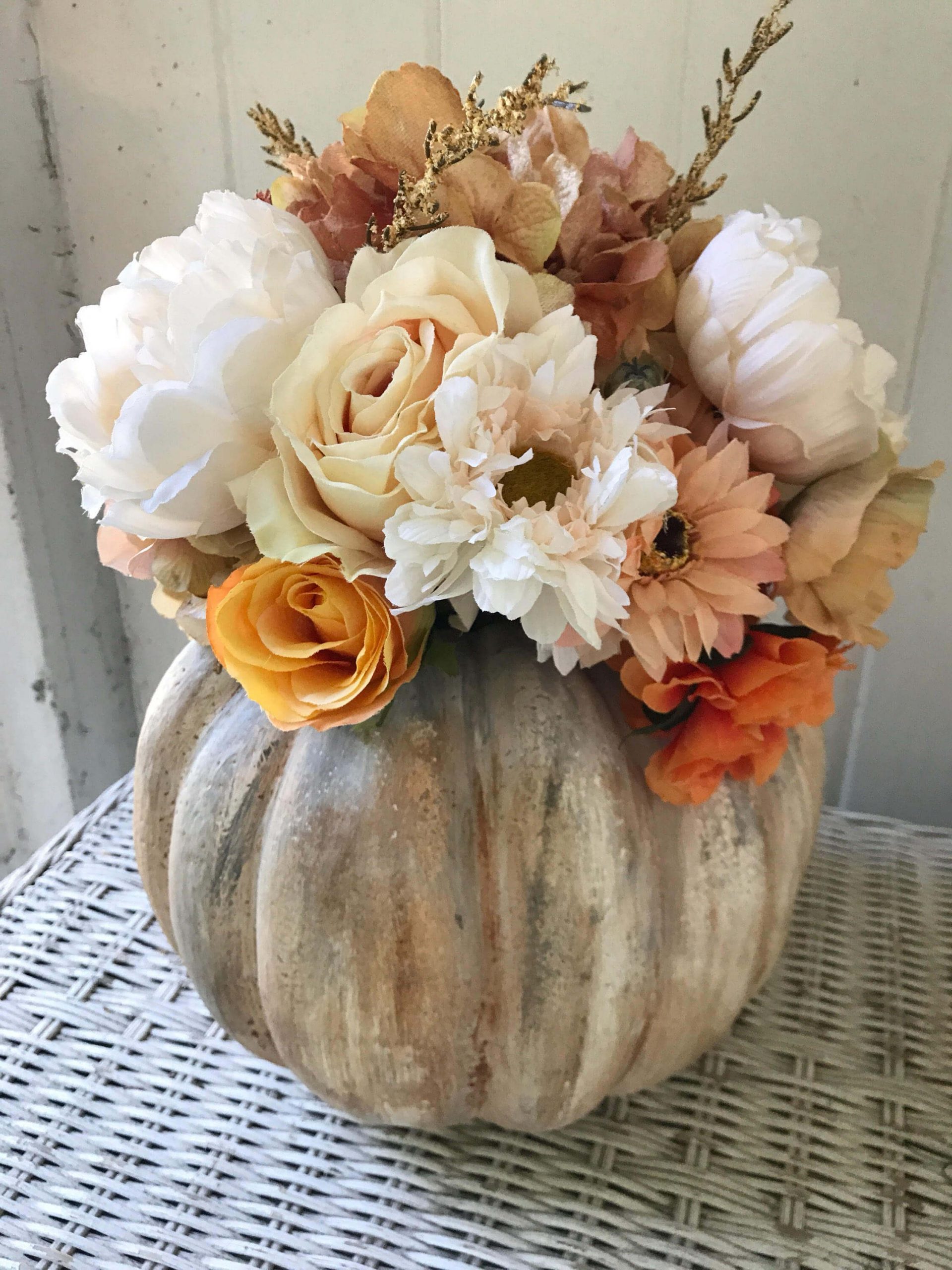 Big Neutral Blooms in a Pumpkin Vase