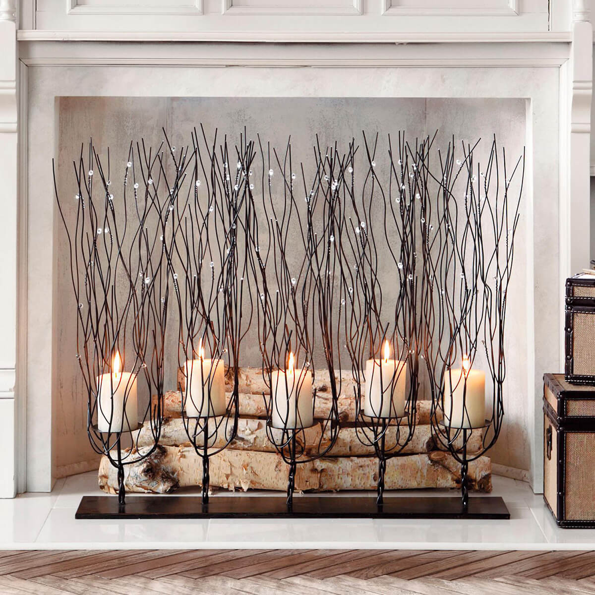 Candles, Twigs and Crystals in a Fireplace