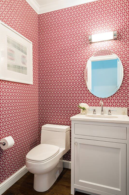 Red Patterned Wallpaper, White and Silver Accessories