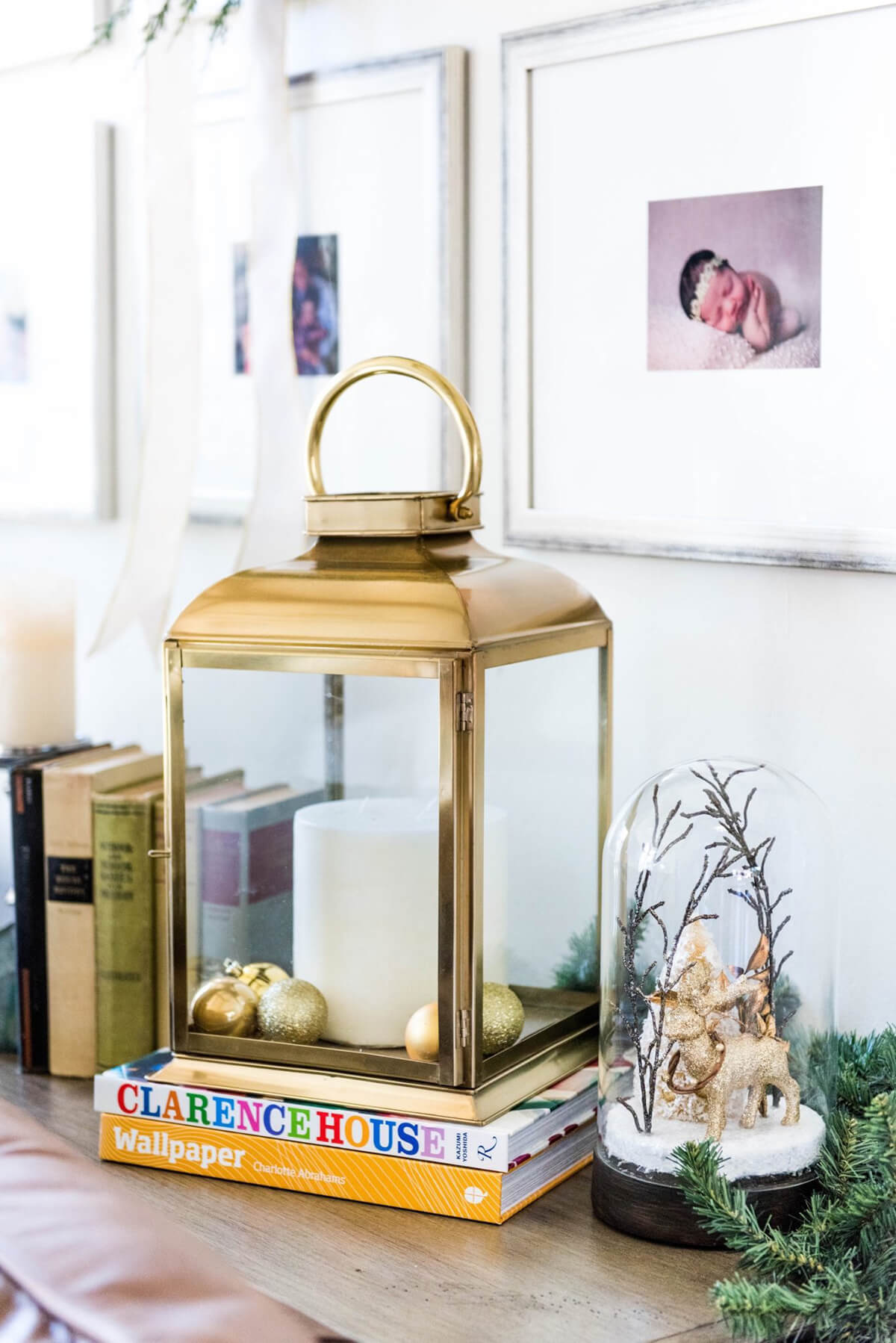 Classy Gold Lantern and Snow Globe Display