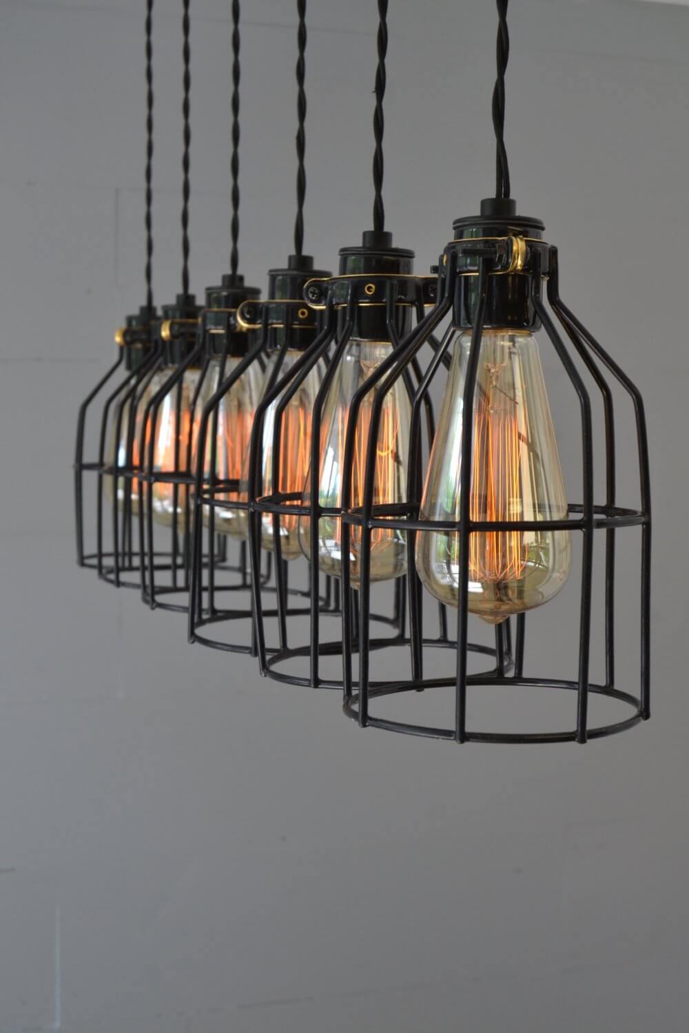 Industrial Black Wireframe Chandelier with Wooden Base