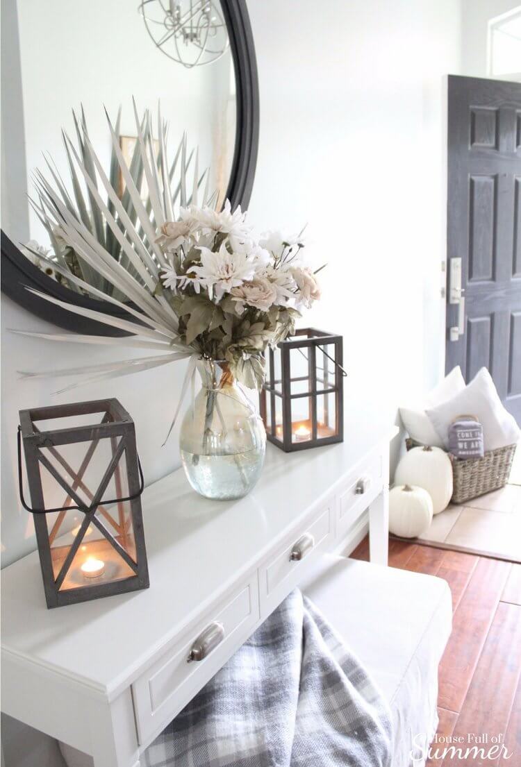 Ivory Entryway Flower and Lantern Display