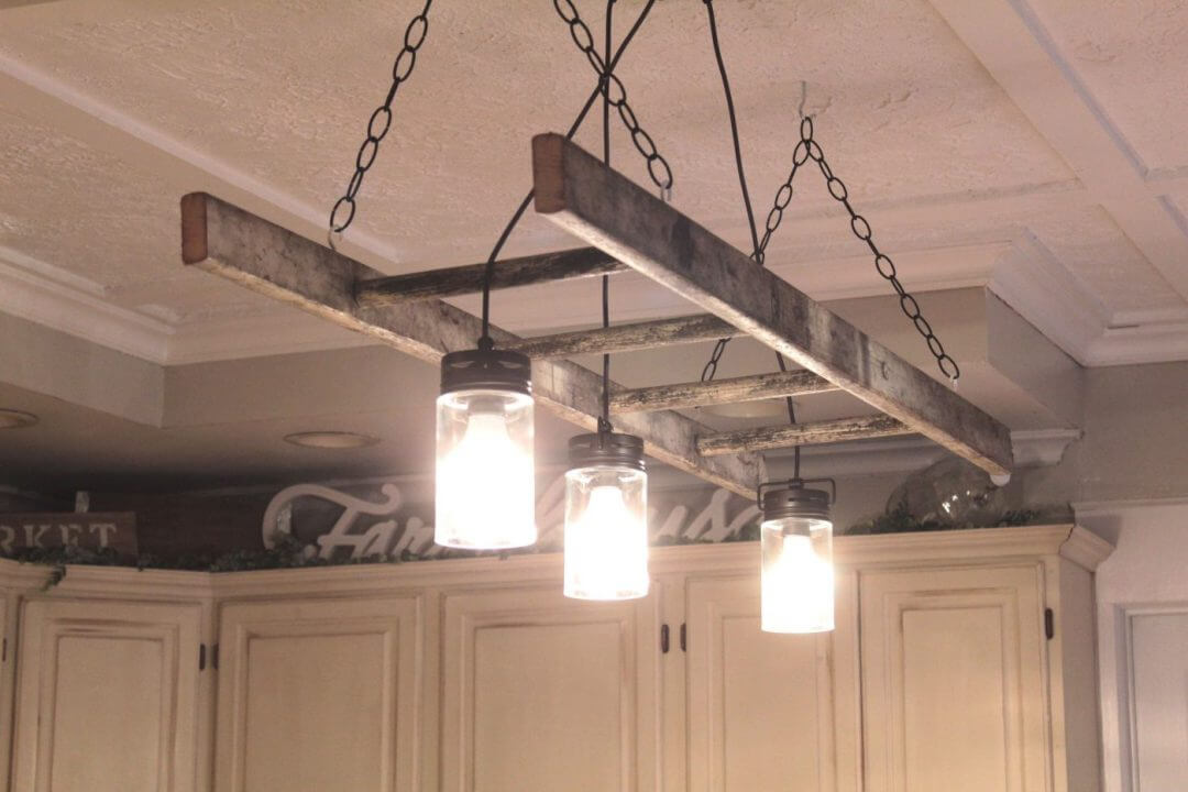 Wooden Ladder and Mason Jar Chandelier