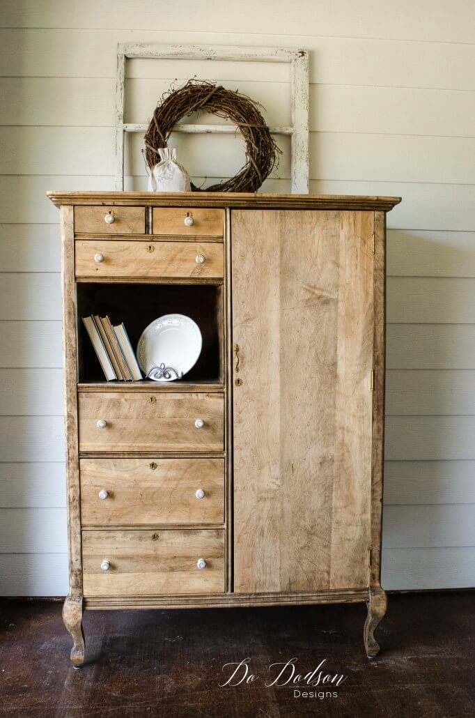 Raw Wooden Wardrobe with Garland and Window Pane