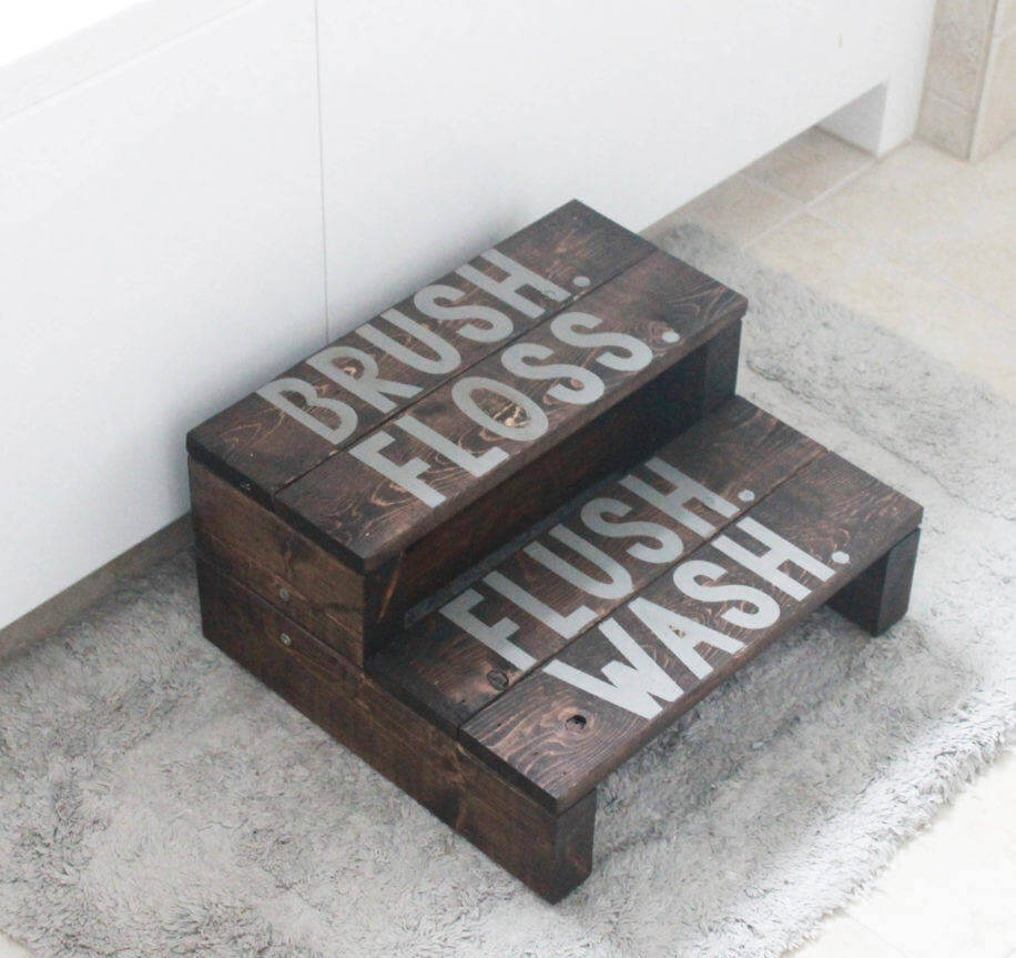 Brush Floss Flush Wash Wooden Step Stool