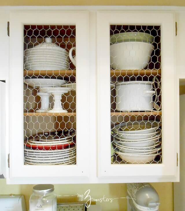 A Kitchen Cabinet Facelift with Chicken Wire