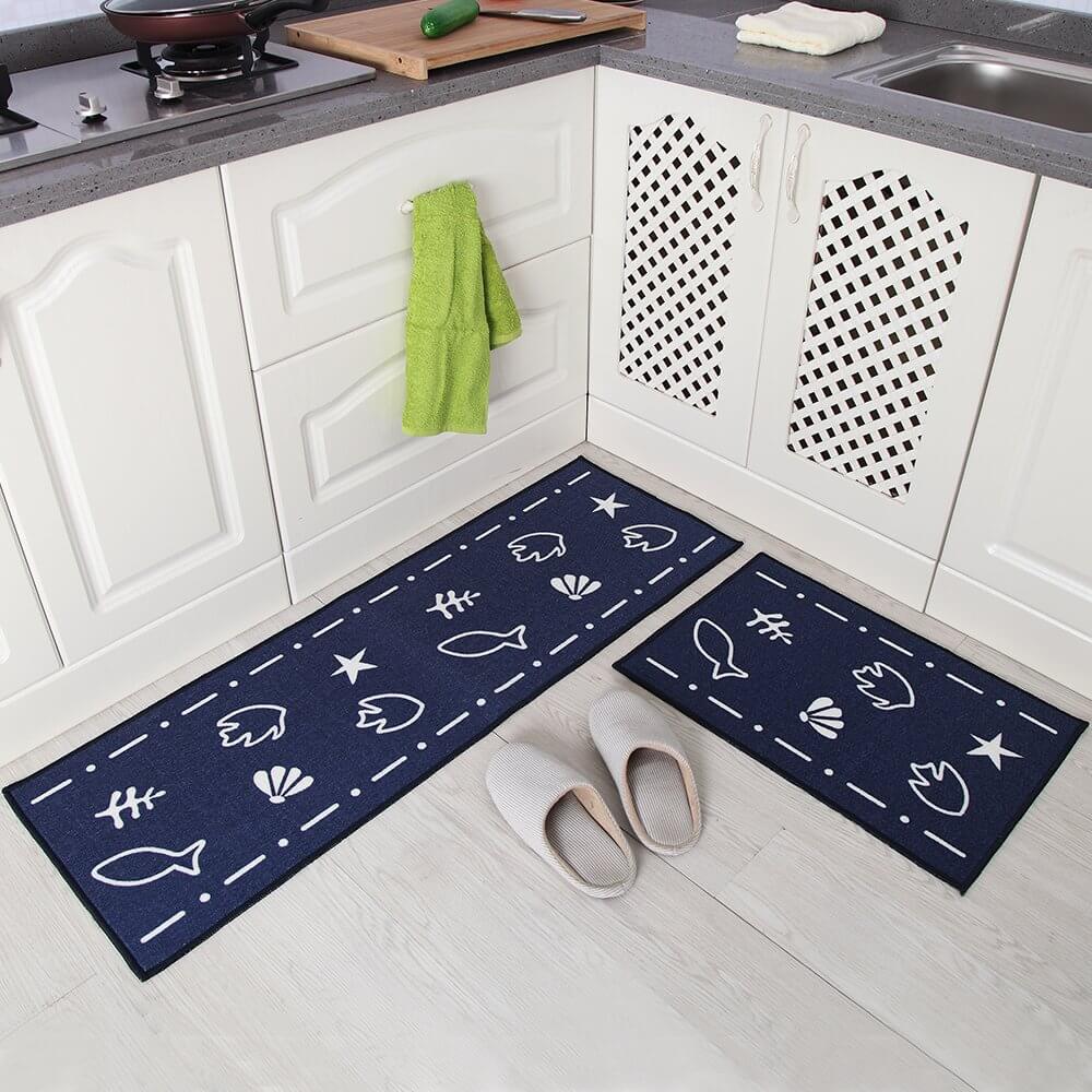 Navy and White Marine Life Kitchen Rugs