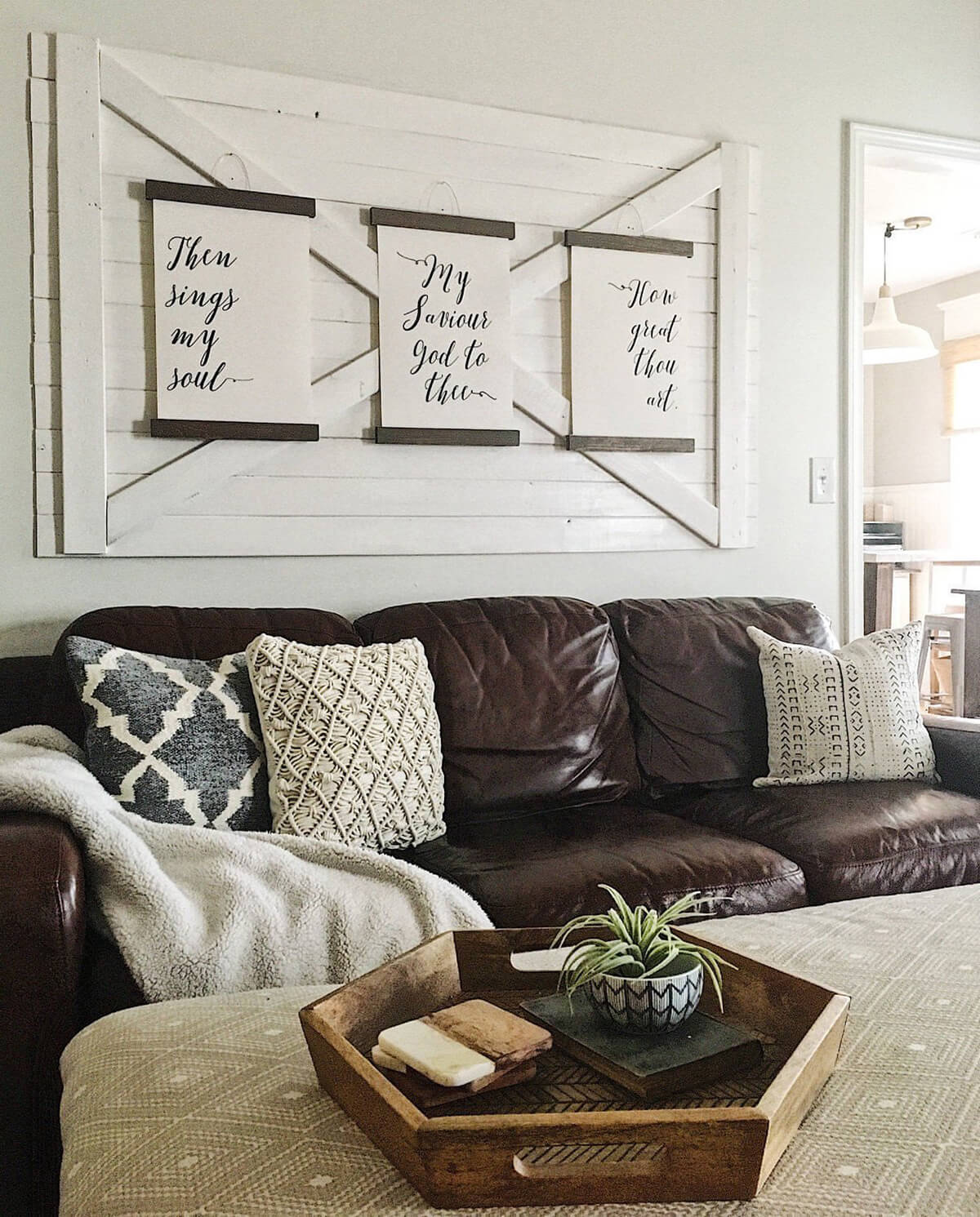 Printed Hymn Lyrics on Old Barn Door for the Farmhouse Living Room