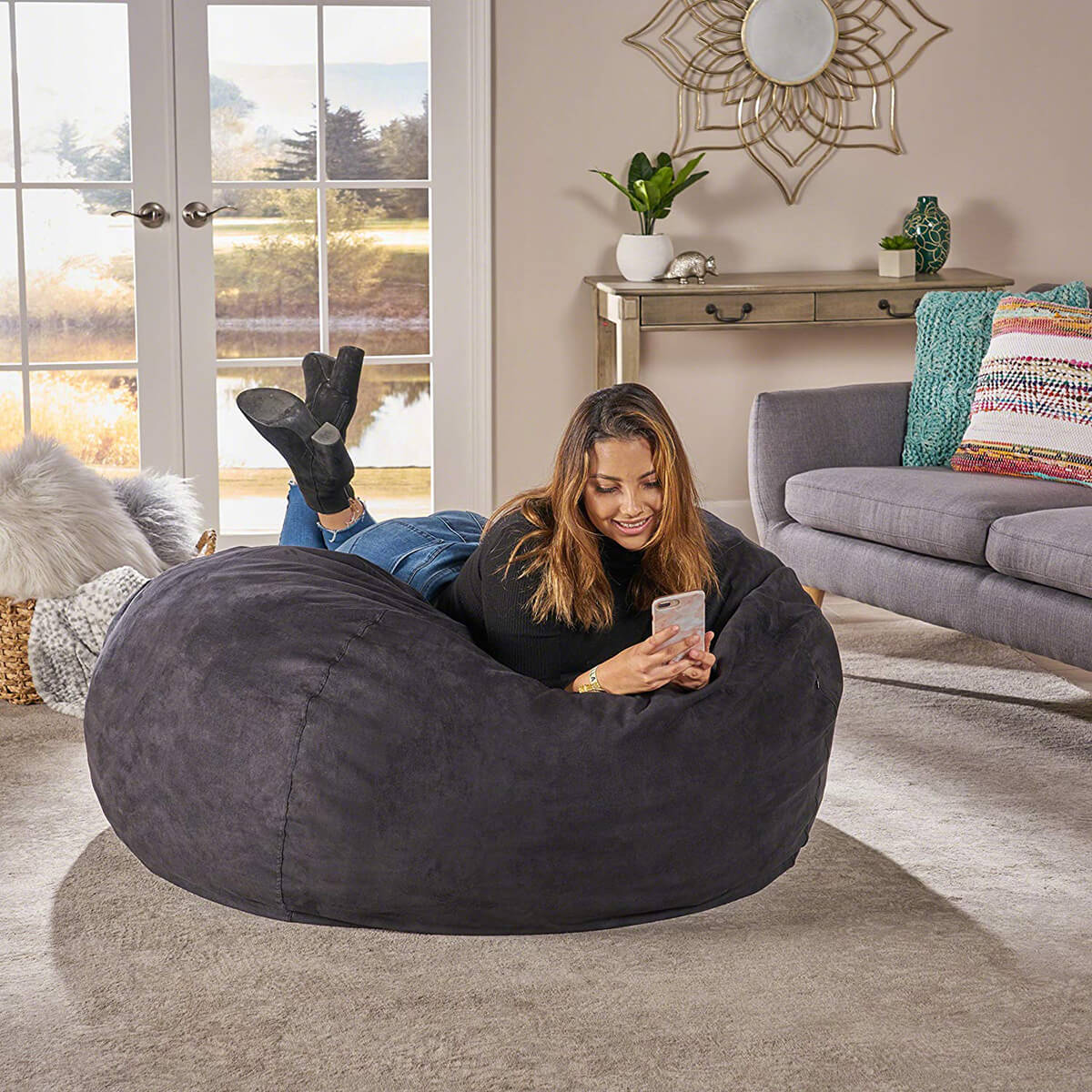 Waldo 5-Foot Faux Suede Bean Bag in Black