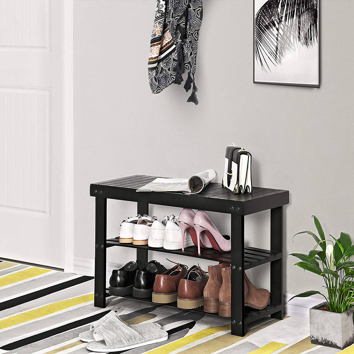 Beautiful Black Bamboo Shoe Rack Bench