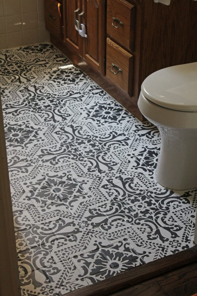 Black and White Stenciled DIY Bathroom Flooring