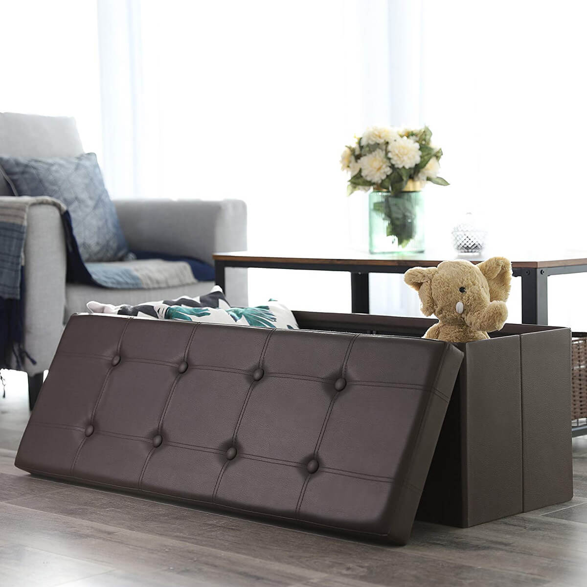Folding Storage Ottoman Bench in Faux Leather