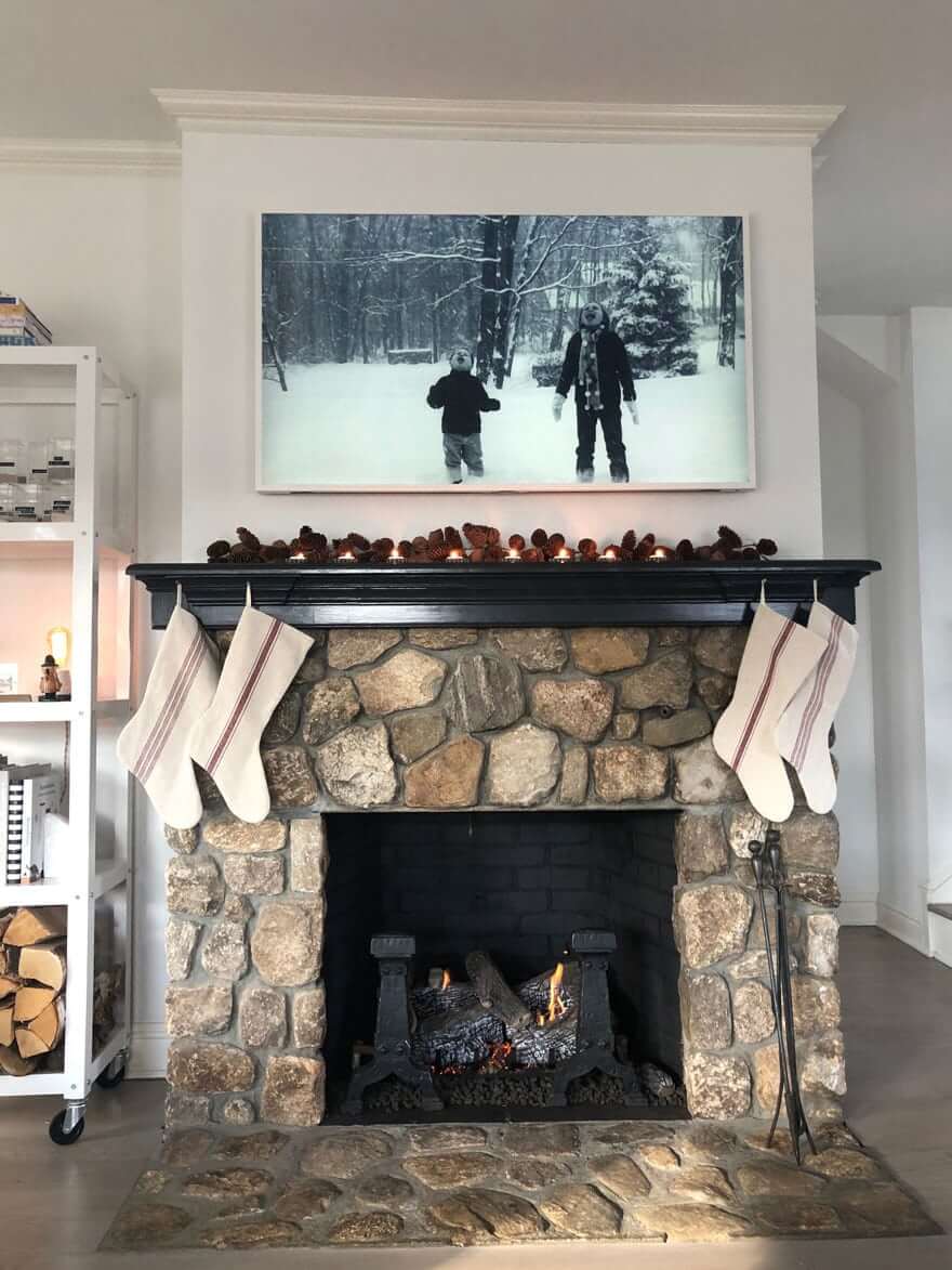 Modern Traditional Fireplace with Glossy Black Painted Mantel