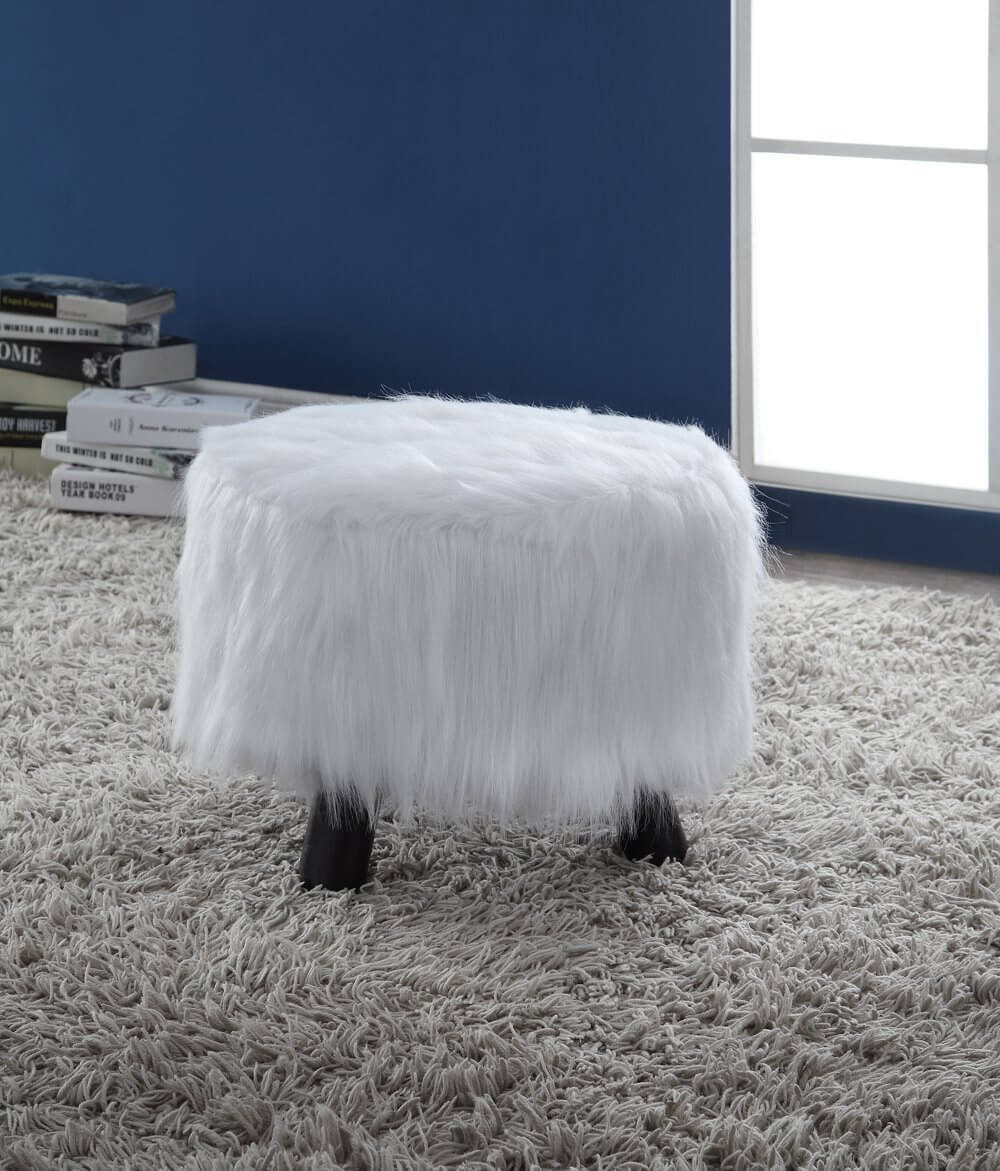 Beautiful White Faux Flokati Plush Ottoman