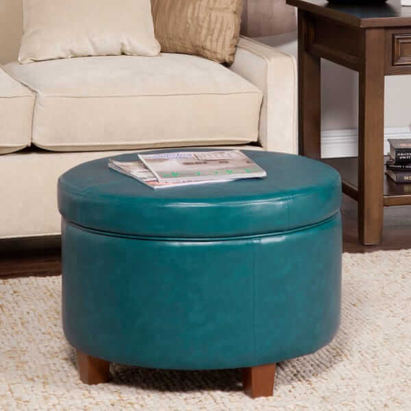 Round Leatherette Storage Ottoman with Lid