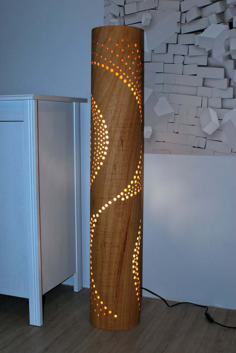 Wood Cylinder Lamp with Decorative Hole Design