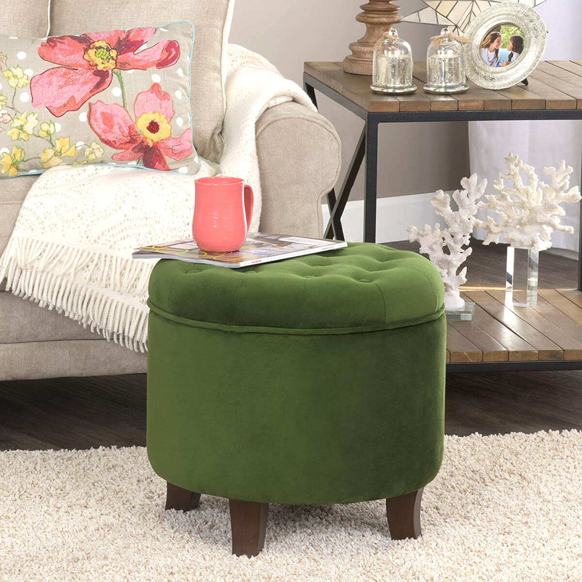 Round Velvet Tufted Ottoman with Removable Lid for Storage