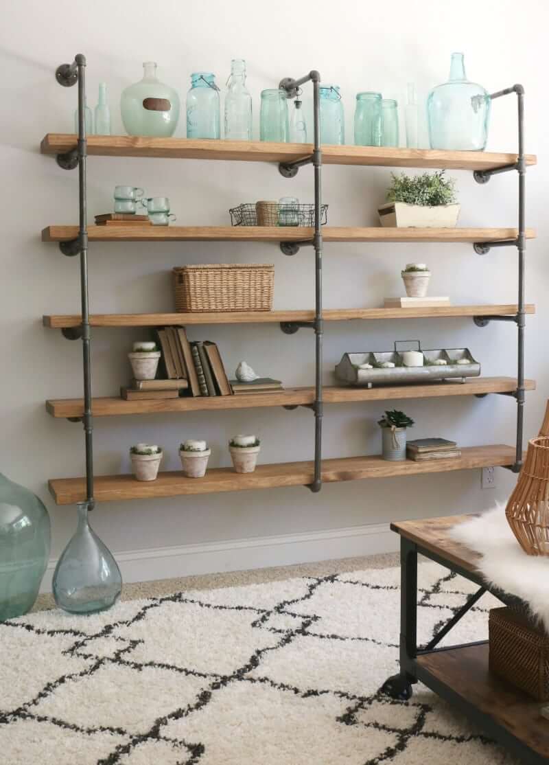 Complete DIY Wall Unit with Jointed Pipe and Wood Shelves