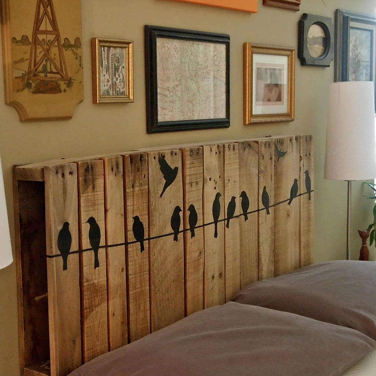 Cute Pallet Headboard with Birds-on-a-Wire Silouhette