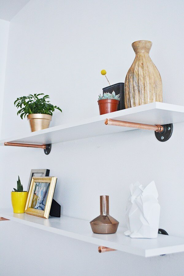 Simple Copper Pipe and White Wood Floating Shelves