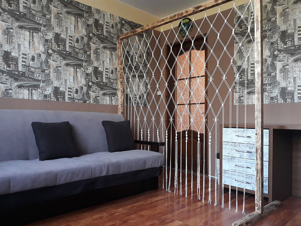 Open Macrame and Wood Portable Room Divider