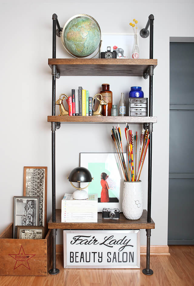 Warm Industrial Floor-to-Ceiling DIY Pipe Shelves