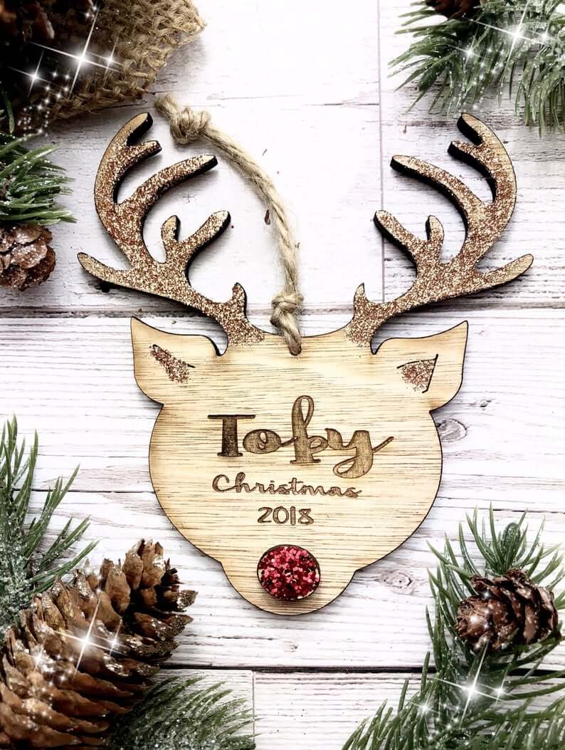 Shimmery Personalized Wooden Reindeer Decoration