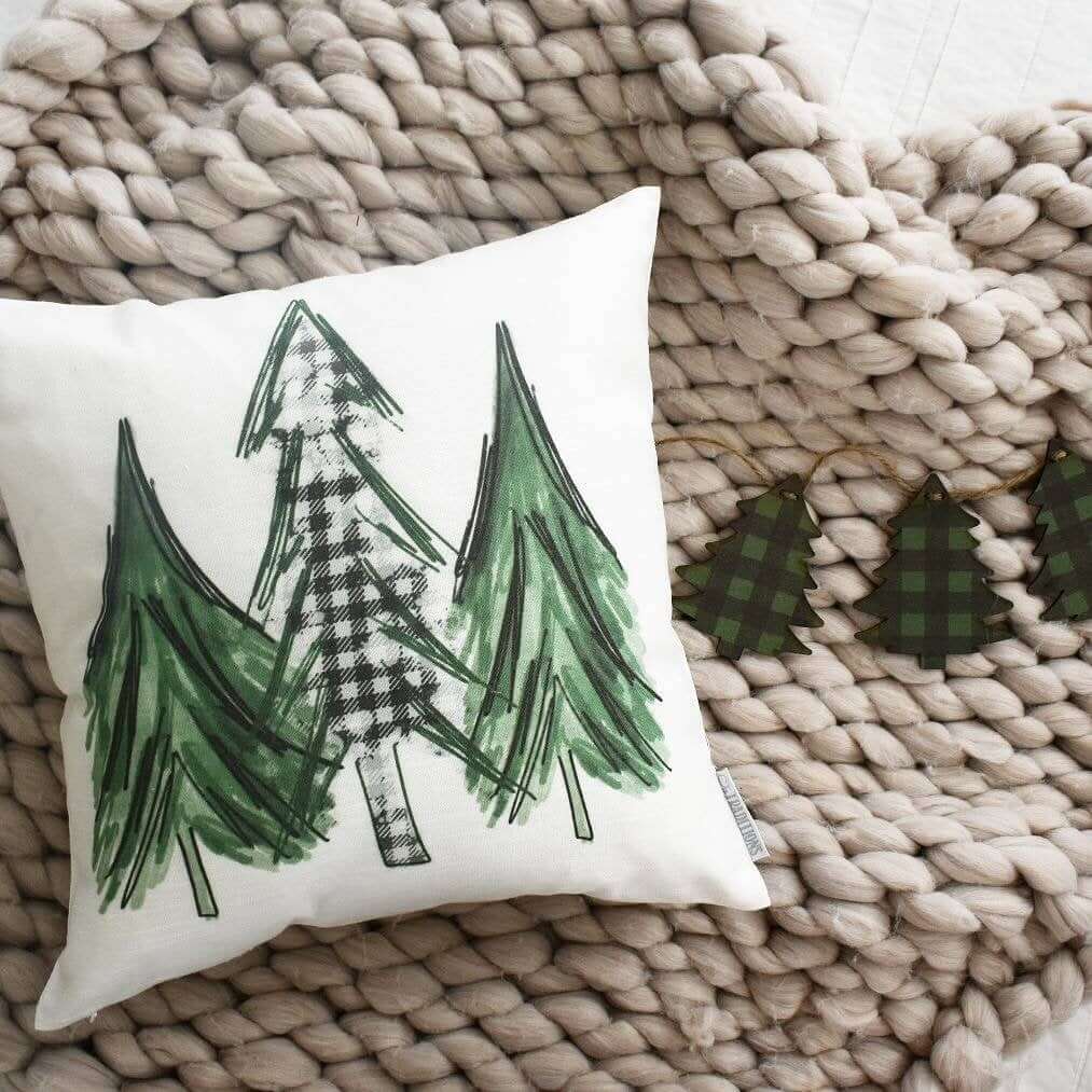 Whimsical Green Water Color and Checkered Winter Trees Pillow