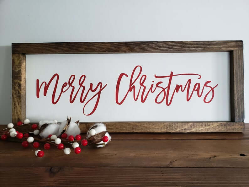 Merry Christmas Painted Wooden Sign in Frame