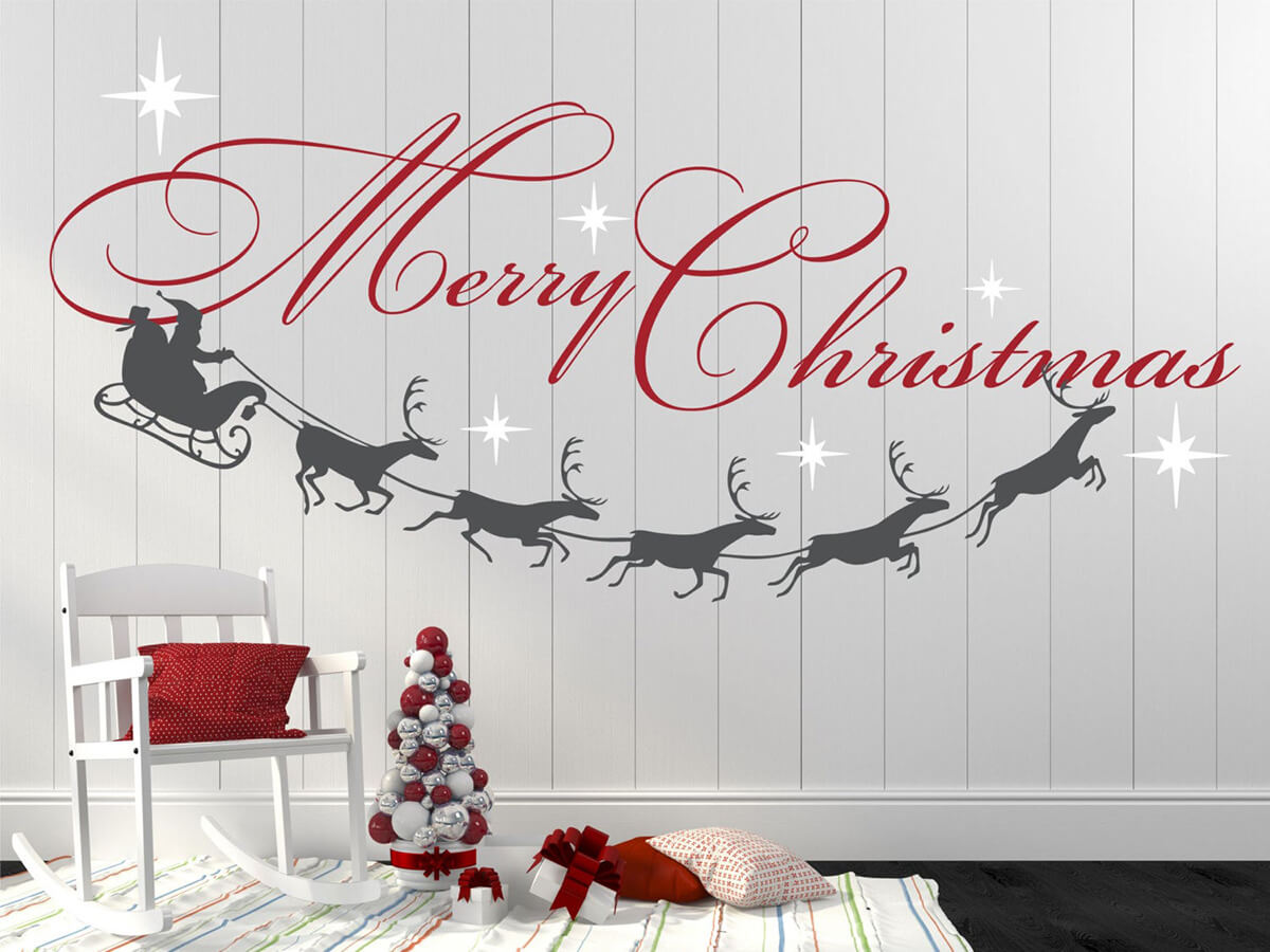 Merry Christmas Santa and Reindeer Wall Decal