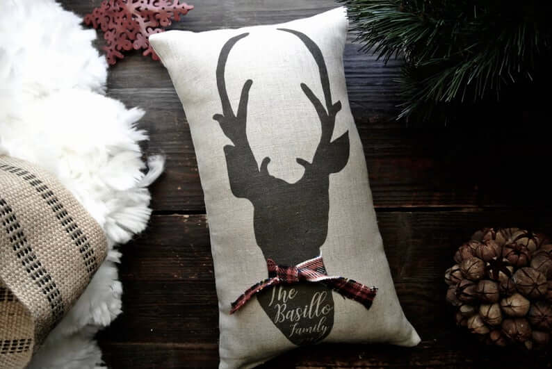 Plaid Scarf Wearing Deer Head on Cream Canvas Pillow