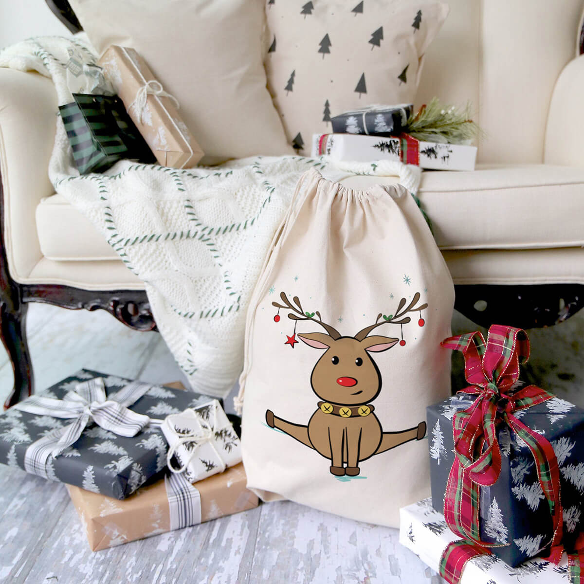 Adorable Cotton Canvas Reindeer Santa Sack for Presents