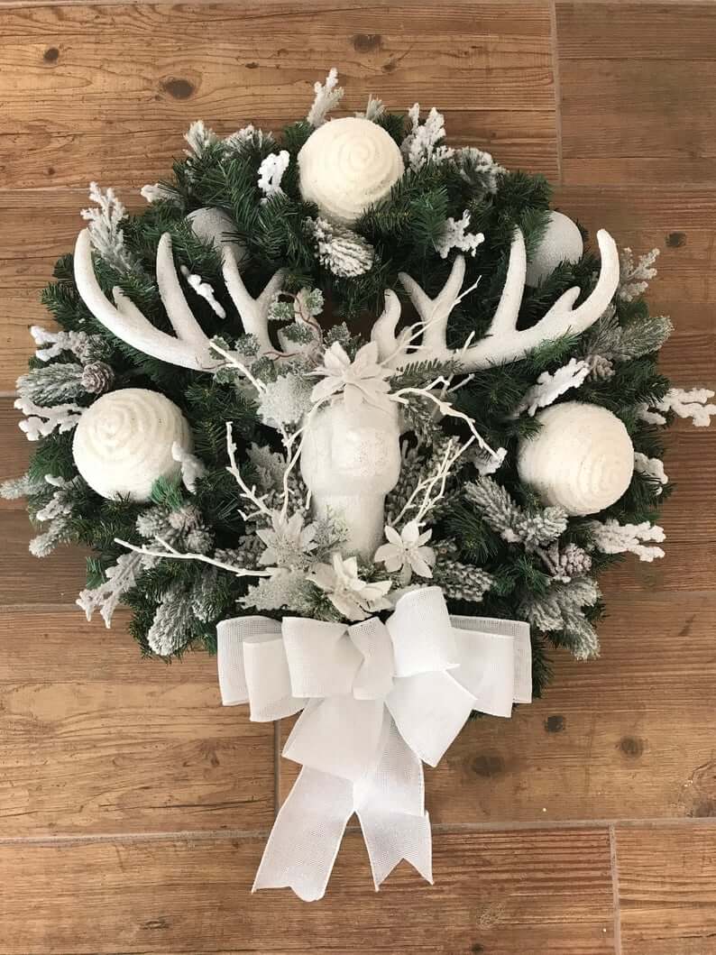 White Holiday Wreath Reindeer Christmas Decor