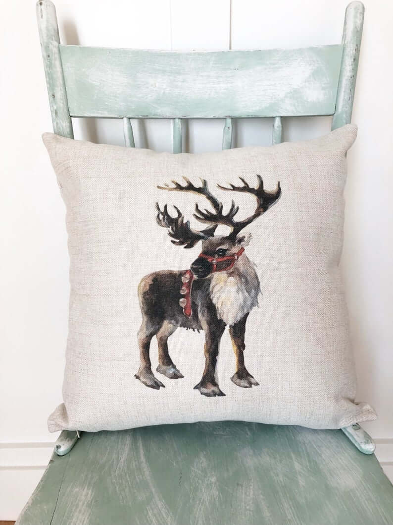 Painted Reindeer Friend Santa's Helper Christmas Pillow