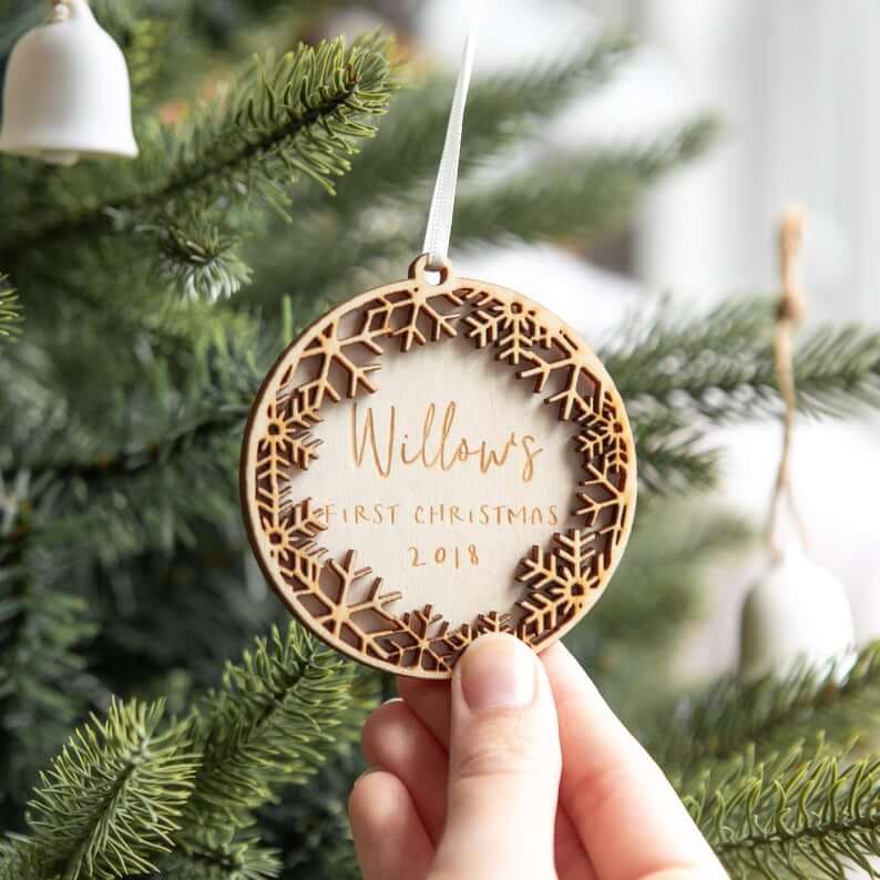 Personalized Wooden Snowflake Wreath Bauble Decoration
