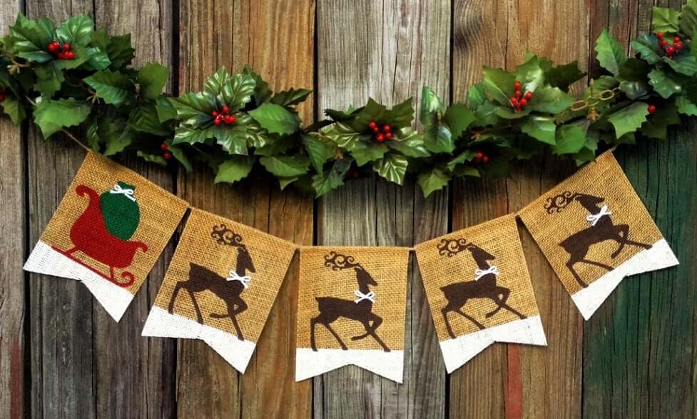 Holiday Burlap Banner with Santa’s Sleigh and Reindeer