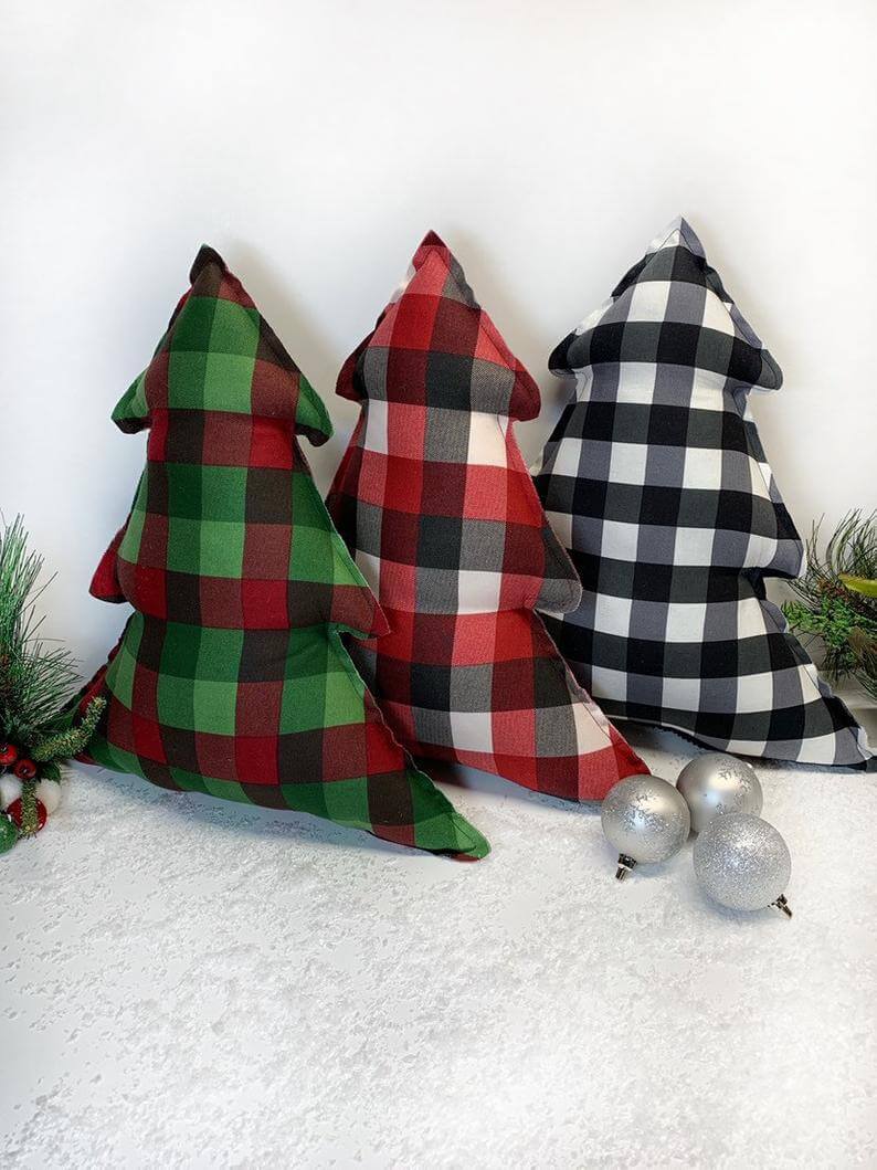 Red, Green or Black Plaid Miniature Christmas Tree Pillows
