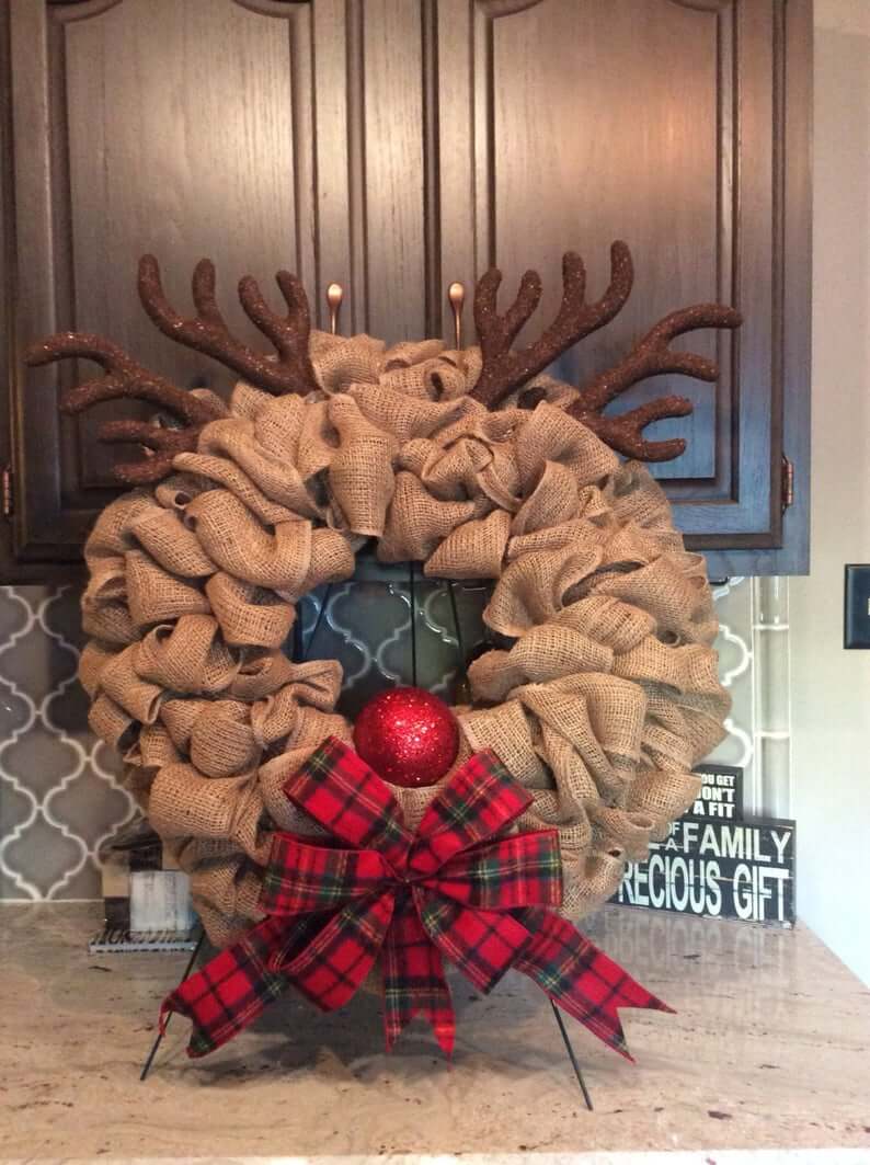 Beautiful Burlap Reindeer Wreath Featuring Rudolph