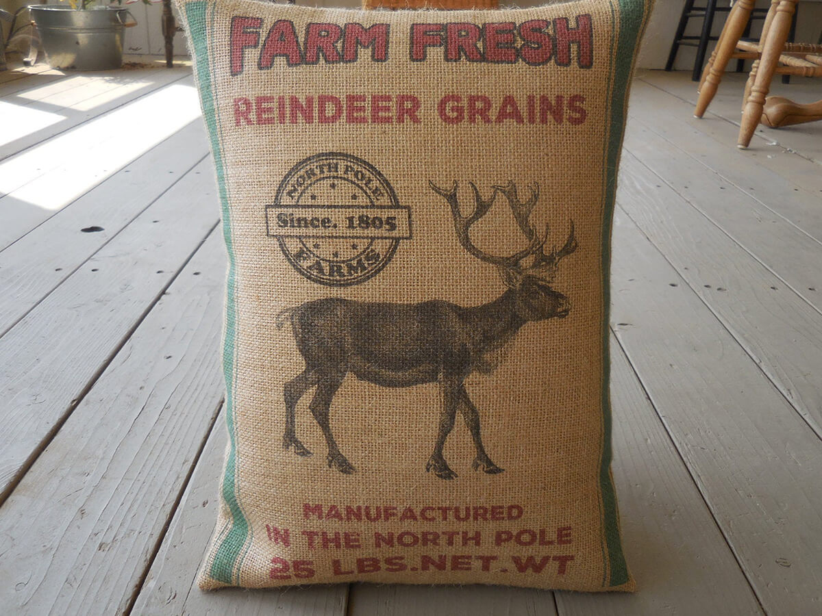 Burlap Feed Sack Reindeer Grains Christmas Pillow