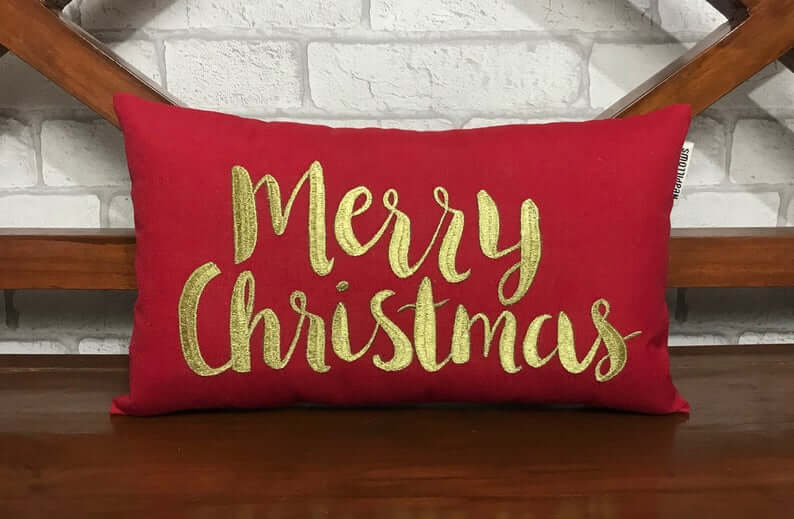 Rich Red and Embroidered Gold Merry Christmas Pillow