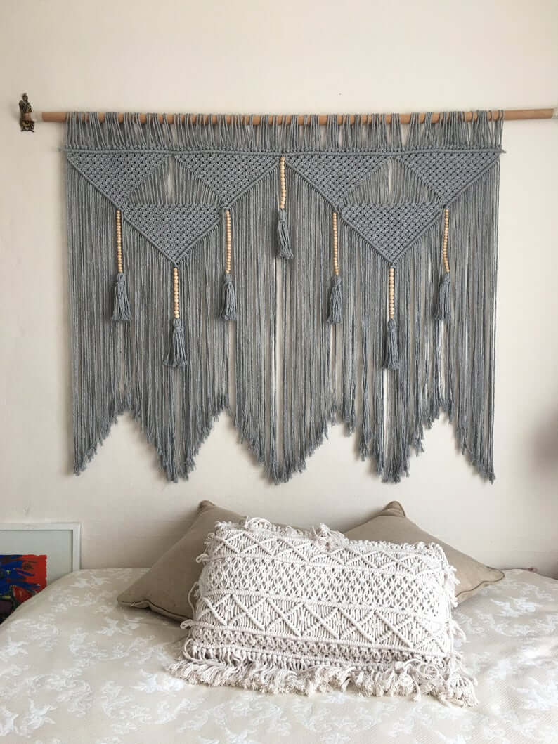 Midnight Gray Macrame Wall Hanger with Tassels