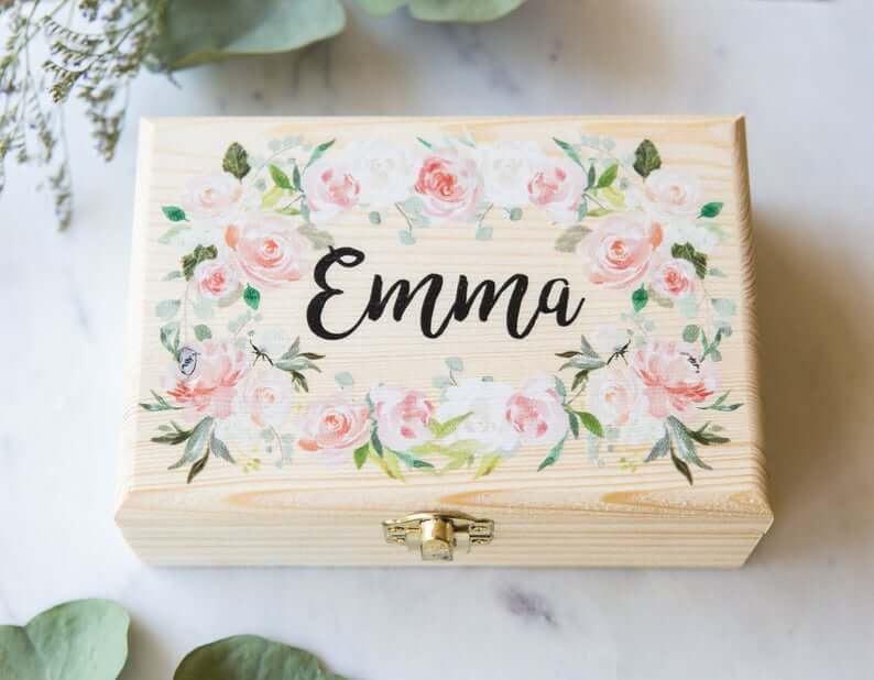 Personalized Wooden Jewelry Chest with Trendy Floral Print