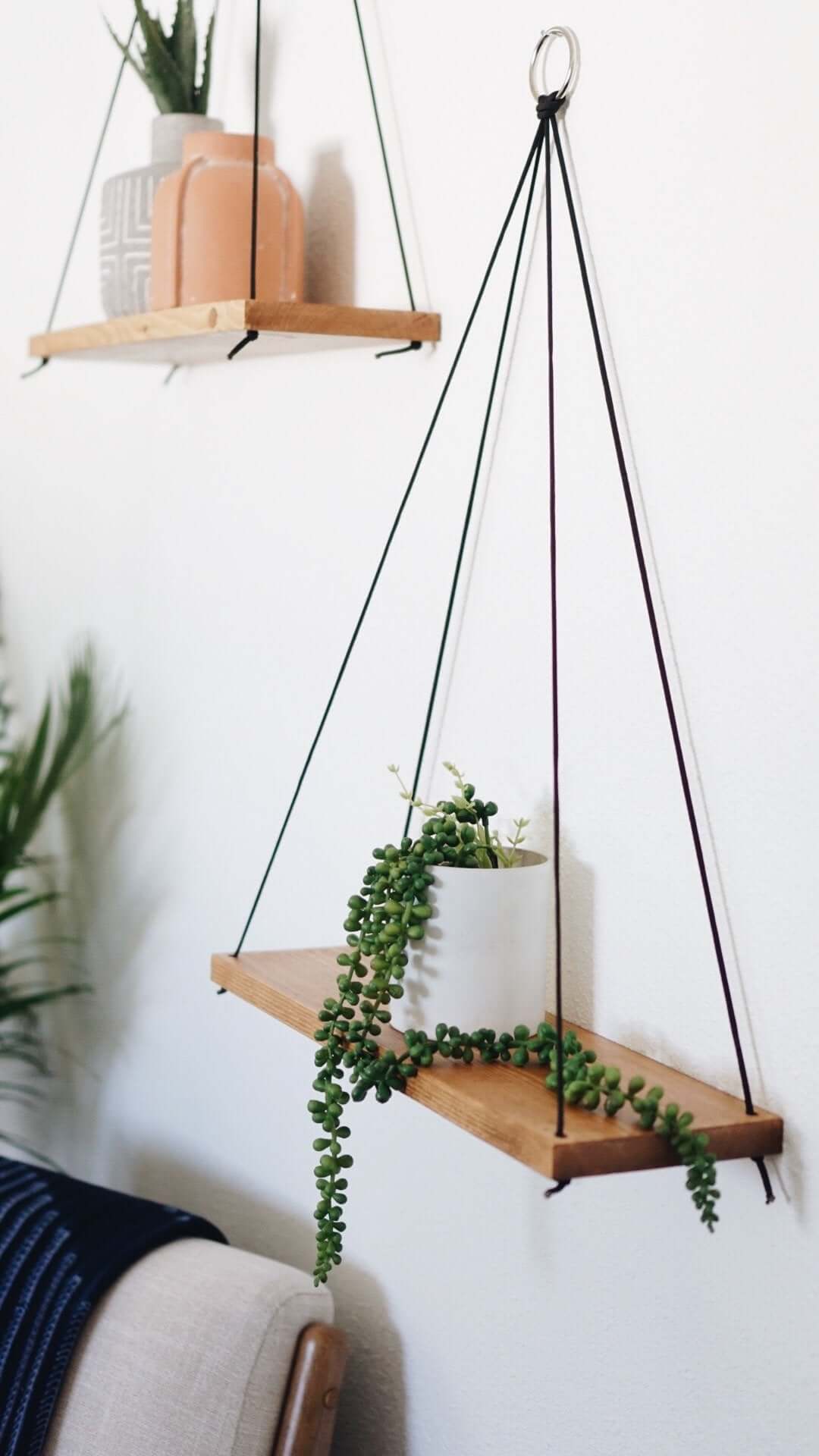 Natural Wood and Cord Hanging Shelf