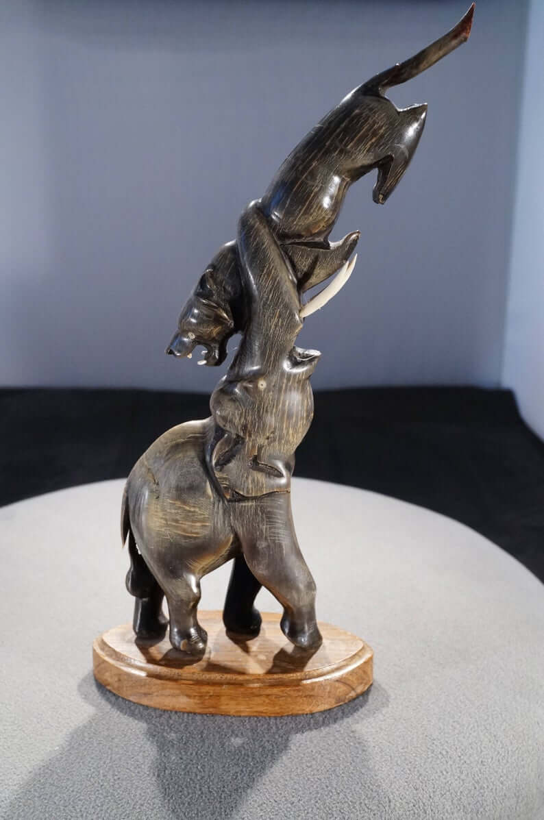 Thrilling Elephant Panther Antique Figurine