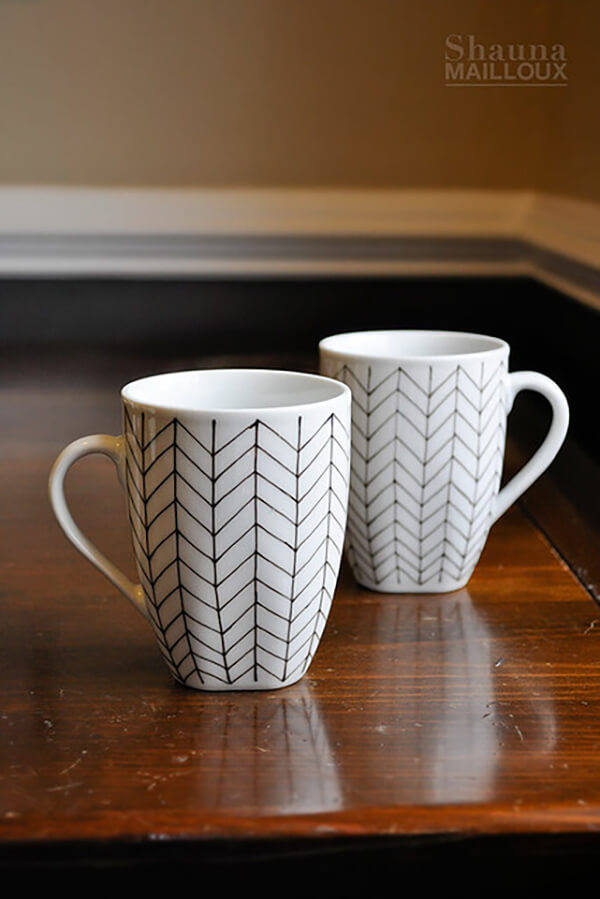 Fine Hand-Drawn Chevron Pattern on Square Mug