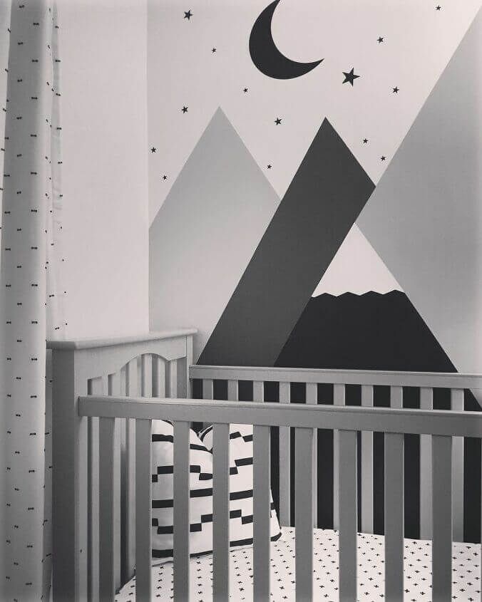 Contemporary Modern Black White and Gray Star Filled Night Nursery Mural