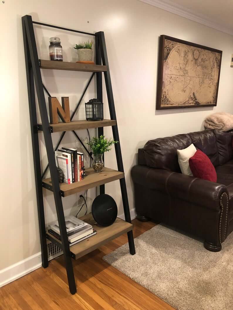 Rustic Library with Industrial Ladder Shelf
