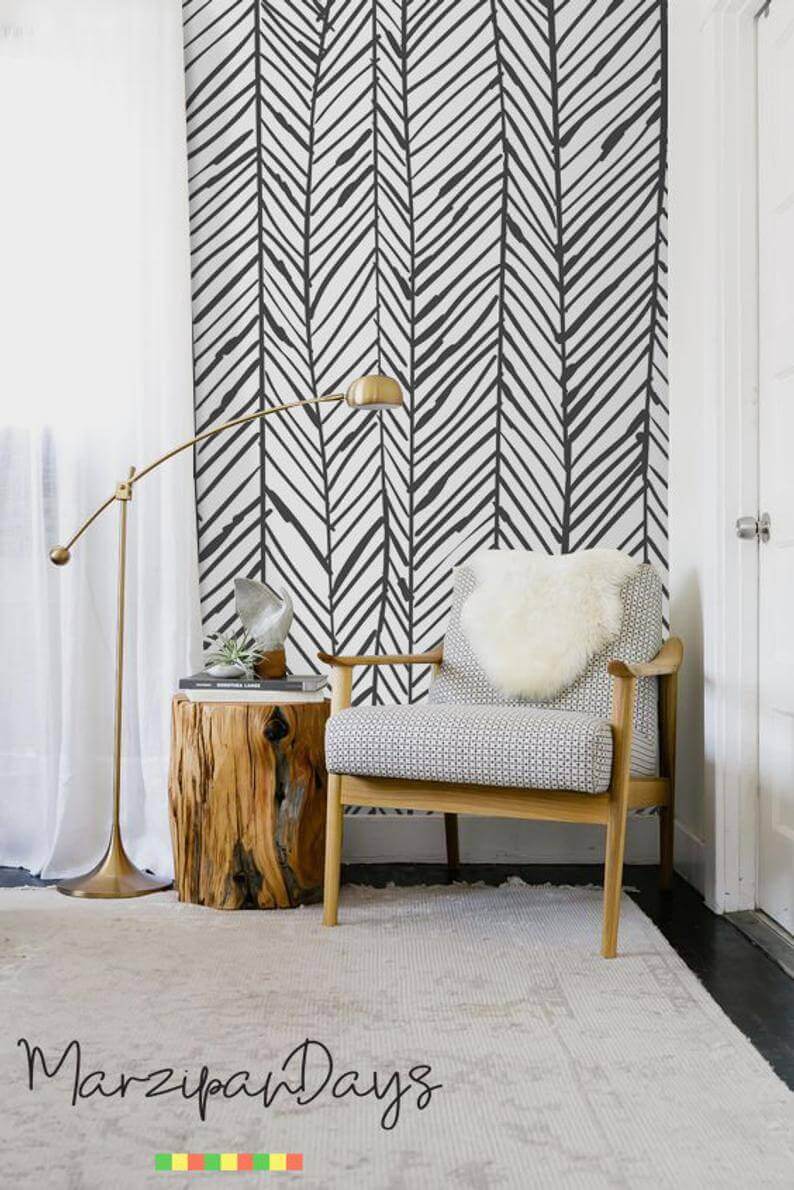 Herringbone Hand Drawn Zebra Printed Black and White Mural