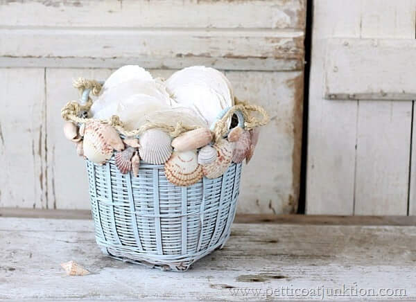 Coastal Basket Planter with Seashells and Rope